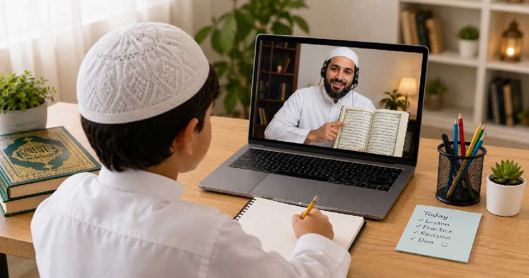 Child learning Quran online with a teacher