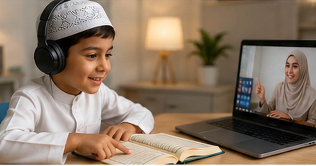 Child memorizing Quran online with a teacher