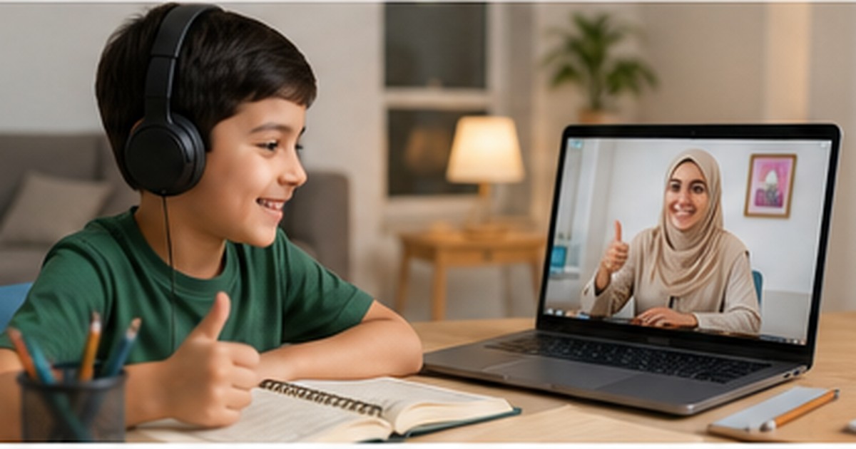 Child studying Quran online at home with a teacher