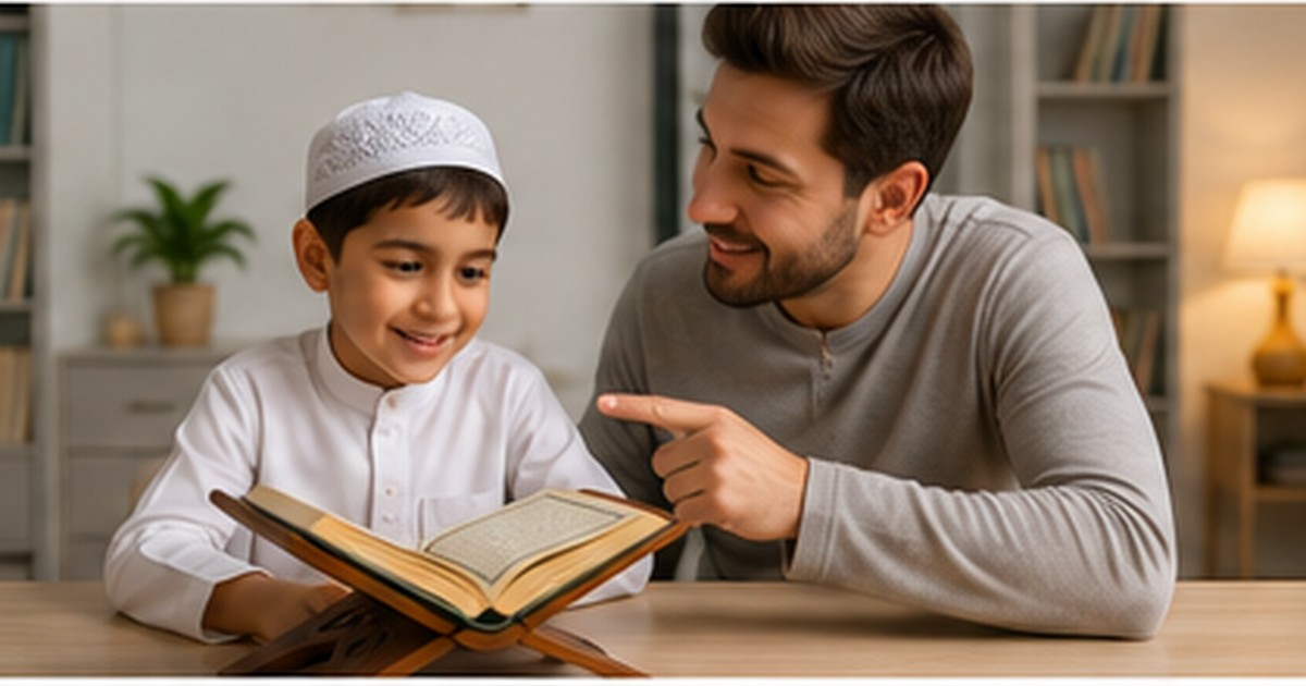 Parent helping a child learn Quran at home
